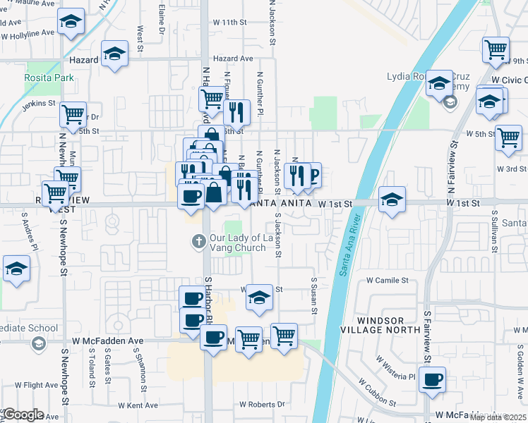 map of restaurants, bars, coffee shops, grocery stores, and more near 3521 West 1st Street in Santa Ana
