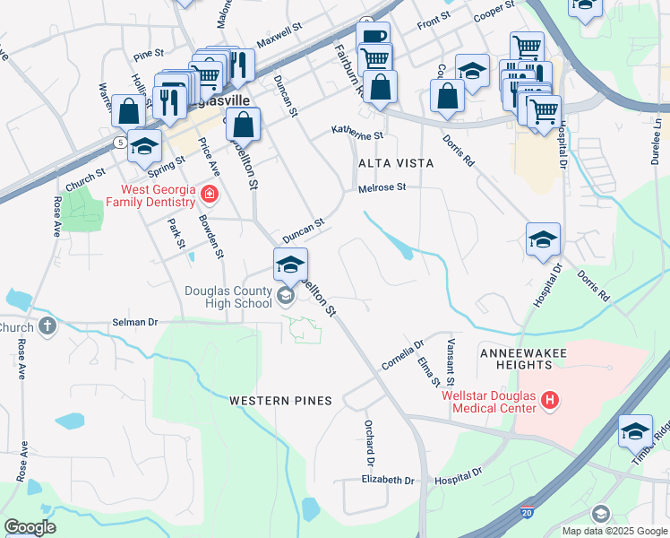 map of restaurants, bars, coffee shops, grocery stores, and more near 8671 Lake Forrest Drive in Douglasville