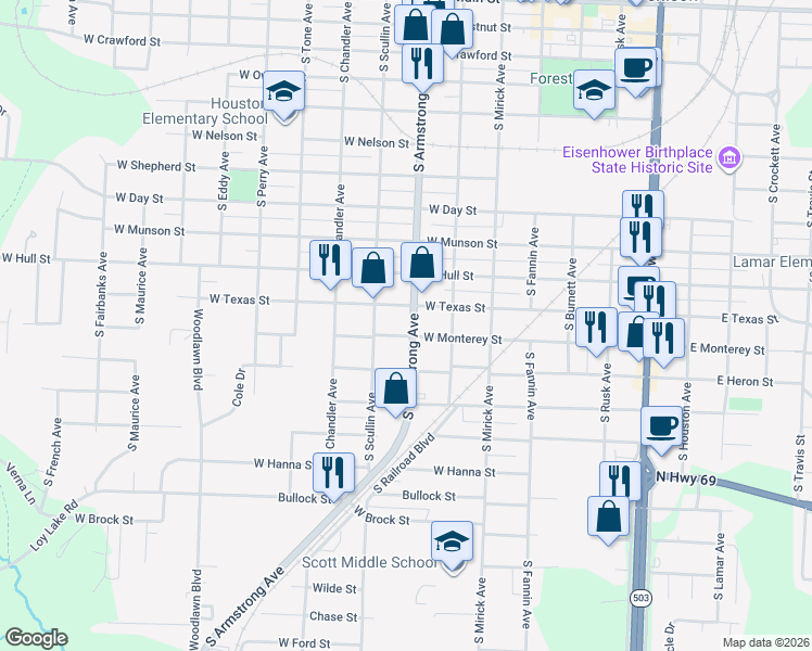 map of restaurants, bars, coffee shops, grocery stores, and more near 819 West Monterey Street in Denison