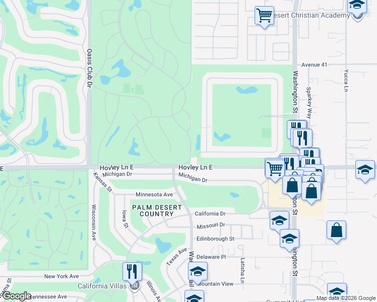 map of restaurants, bars, coffee shops, grocery stores, and more near 41809 Preston Trail in Palm Desert