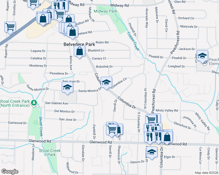 map of restaurants, bars, coffee shops, grocery stores, and more near 1520 Columbia Circle in Decatur