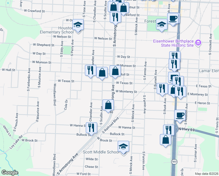 map of restaurants, bars, coffee shops, grocery stores, and more near 831 West Monterey Street in Denison