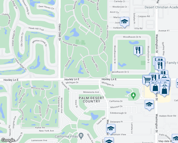 map of restaurants, bars, coffee shops, grocery stores, and more near 41927 Preston Trail in Palm Desert