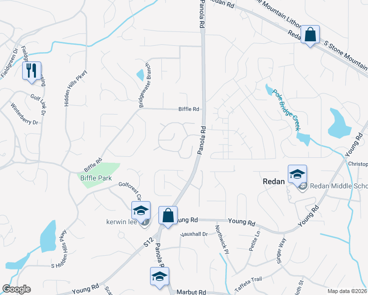 map of restaurants, bars, coffee shops, grocery stores, and more near 5449 Biffle Downs Road in Stone Mountain