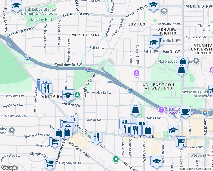 map of restaurants, bars, coffee shops, grocery stores, and more near 1265 Sells Avenue Southwest in Atlanta