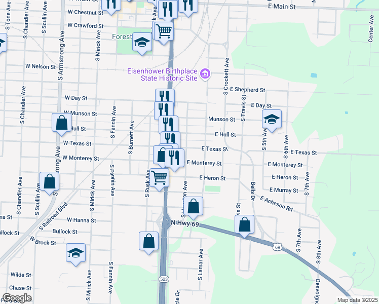 map of restaurants, bars, coffee shops, grocery stores, and more near 1110 South Houston Avenue in Denison