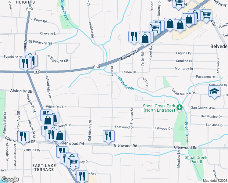 map of restaurants, bars, coffee shops, grocery stores, and more near 1630 Line Street in Decatur