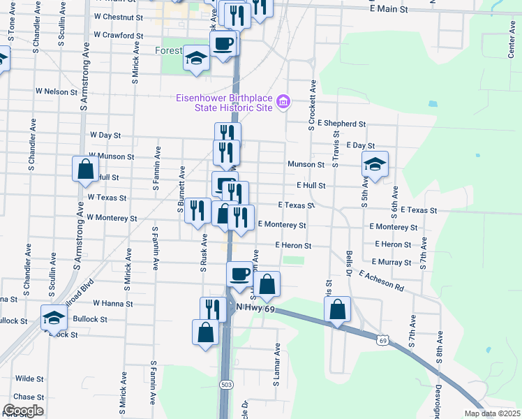 map of restaurants, bars, coffee shops, grocery stores, and more near 1110 South Houston Avenue in Denison
