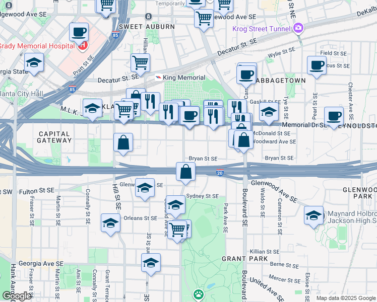 map of restaurants, bars, coffee shops, grocery stores, and more near 427 Woodward Avenue Southeast in Atlanta