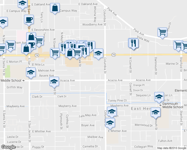 map of restaurants, bars, coffee shops, grocery stores, and more near 191 Columbia Street in Hemet