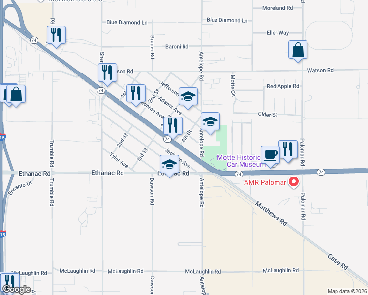 map of restaurants, bars, coffee shops, grocery stores, and more near 26546 Bonneau Lane in Menifee