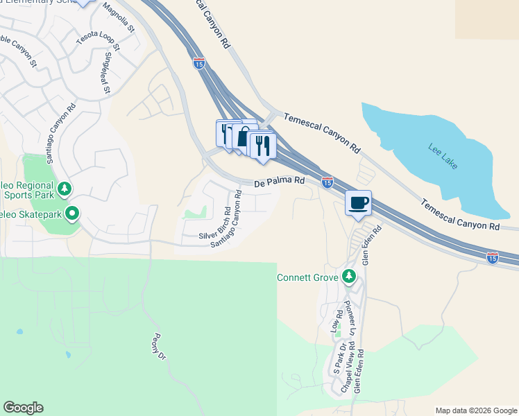 map of restaurants, bars, coffee shops, grocery stores, and more near 11951 Bunting Circle in Corona