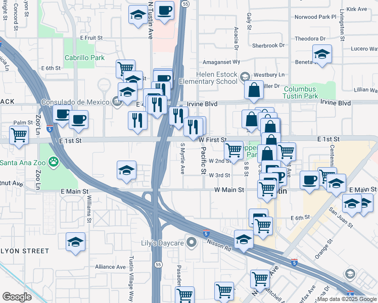 map of restaurants, bars, coffee shops, grocery stores, and more near 660 West First Street in Tustin