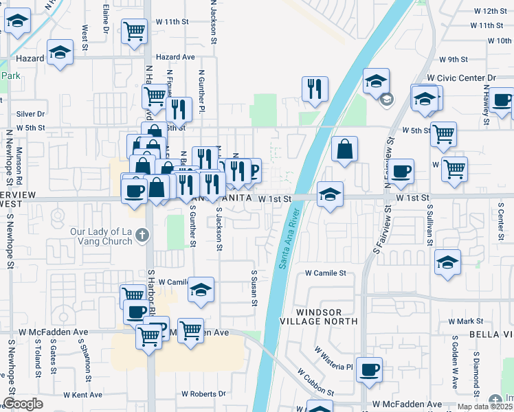 map of restaurants, bars, coffee shops, grocery stores, and more near 112 North Susan Street in Santa Ana