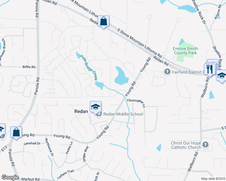 map of restaurants, bars, coffee shops, grocery stores, and more near 1600 Stoneleigh Hill Road in Lithonia