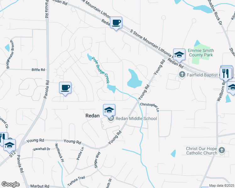 map of restaurants, bars, coffee shops, grocery stores, and more near 1600 Dillwood Court in Lithonia