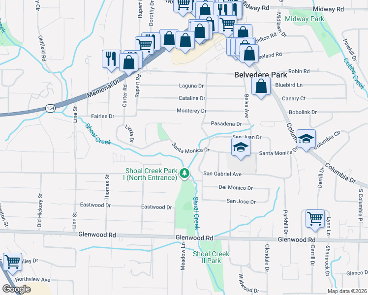 map of restaurants, bars, coffee shops, grocery stores, and more near 2944 Santa Monica Drive in Decatur