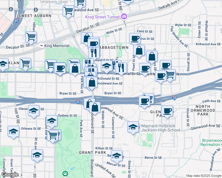 map of restaurants, bars, coffee shops, grocery stores, and more near 652 Woodward Avenue Southeast in Atlanta