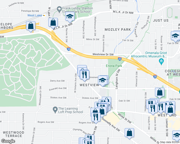 map of restaurants, bars, coffee shops, grocery stores, and more near 349 Mathewson Place Southwest in Atlanta
