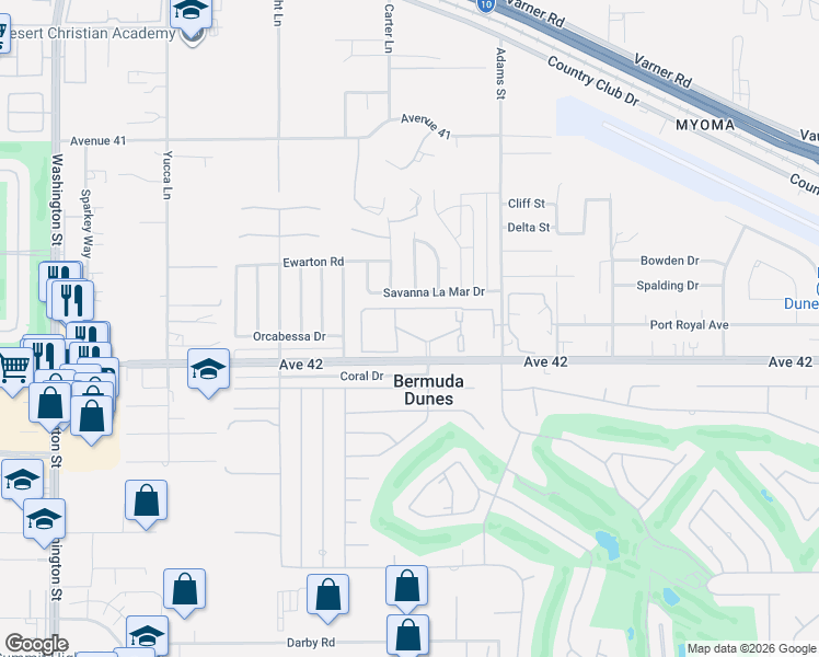 map of restaurants, bars, coffee shops, grocery stores, and more near 78650 Avenue 42 in Bermuda Dunes