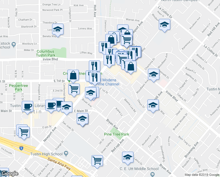 map of restaurants, bars, coffee shops, grocery stores, and more near 1125 E 1st St in Tustin