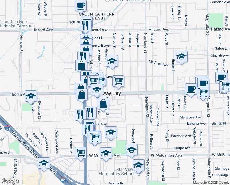 map of restaurants, bars, coffee shops, grocery stores, and more near 14751 Monroe Street in Midway City