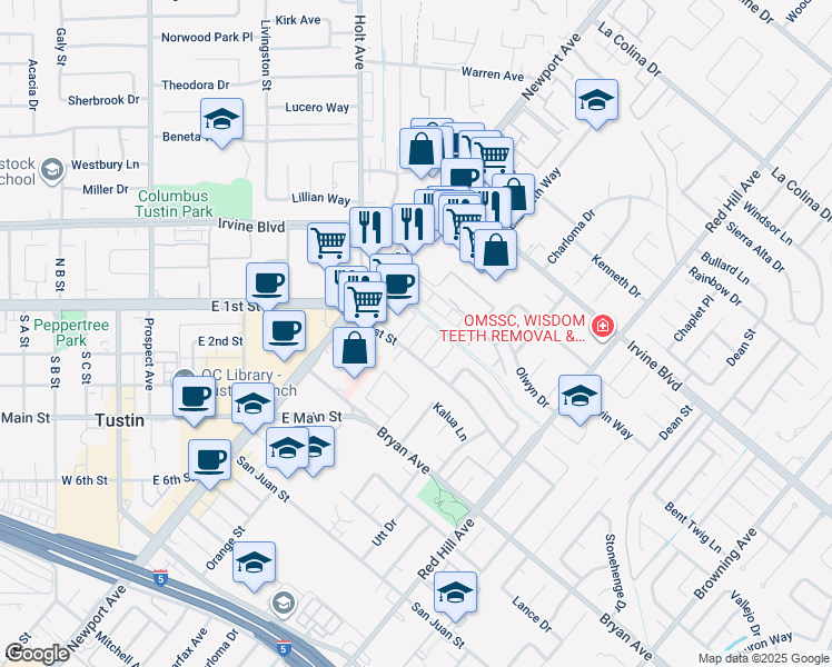 map of restaurants, bars, coffee shops, grocery stores, and more near 1125 East 1st Street in Tustin