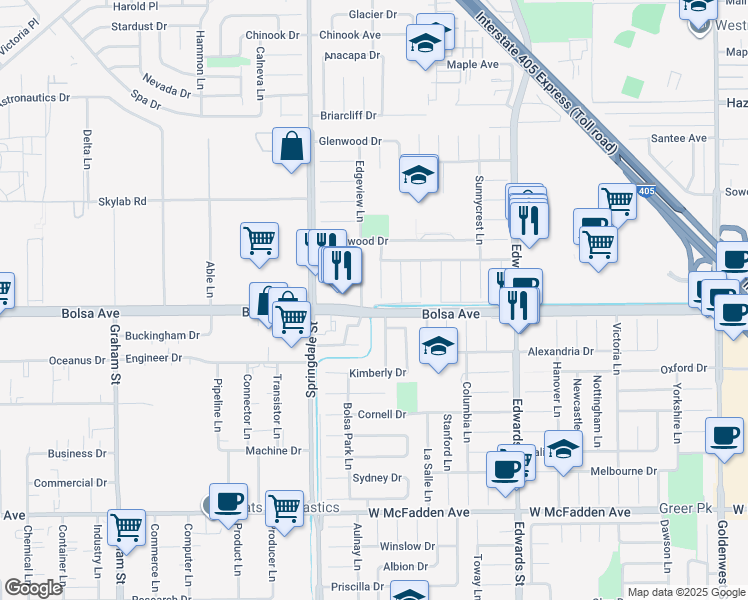 map of restaurants, bars, coffee shops, grocery stores, and more near 14951 Northridge Lane in Huntington Beach