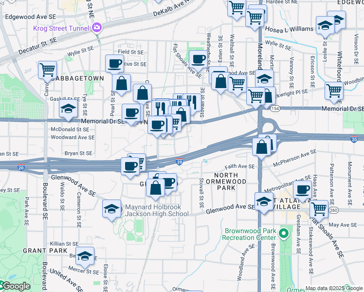 map of restaurants, bars, coffee shops, grocery stores, and more near 230 Bill Kennedy Way Southeast in Atlanta
