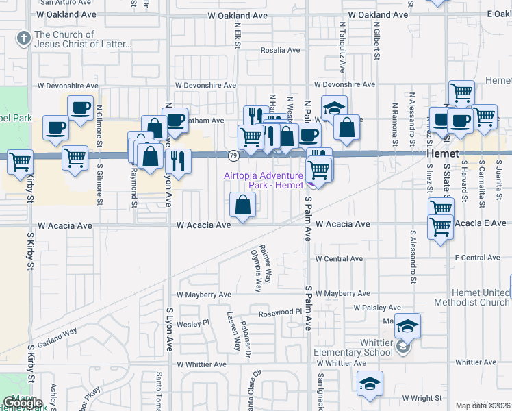 map of restaurants, bars, coffee shops, grocery stores, and more near 220 South Elk Street in Hemet