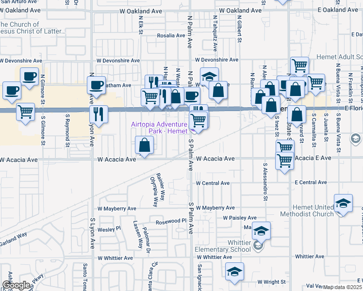 map of restaurants, bars, coffee shops, grocery stores, and more near 220 South Western Avenue in Hemet