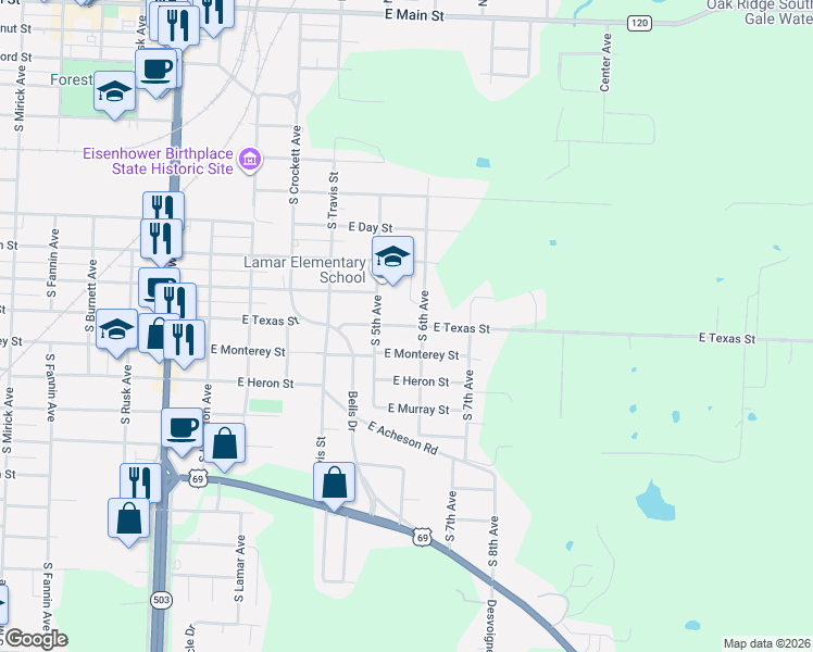 map of restaurants, bars, coffee shops, grocery stores, and more near 525 East Texas Street in Denison