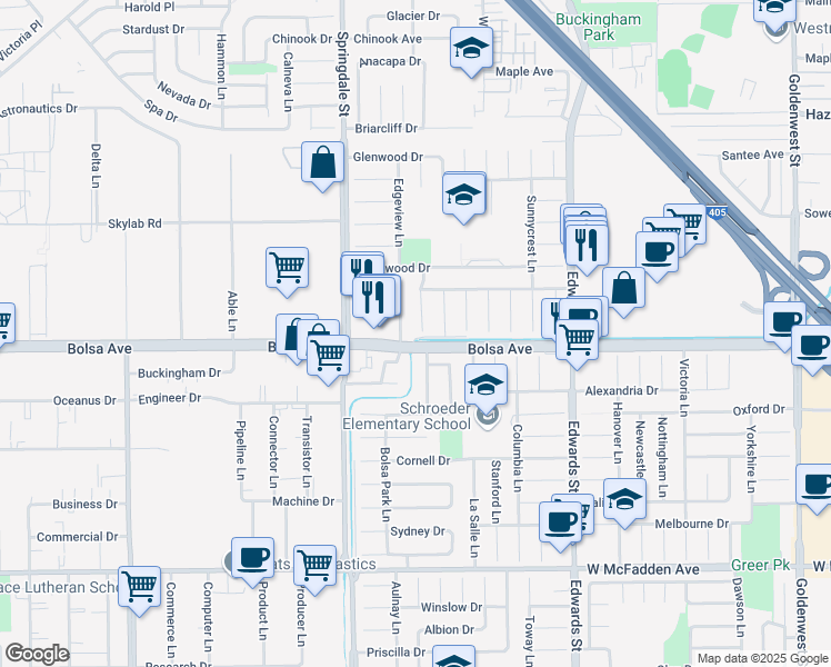 map of restaurants, bars, coffee shops, grocery stores, and more near 14951 Northridge Lane in Huntington Beach