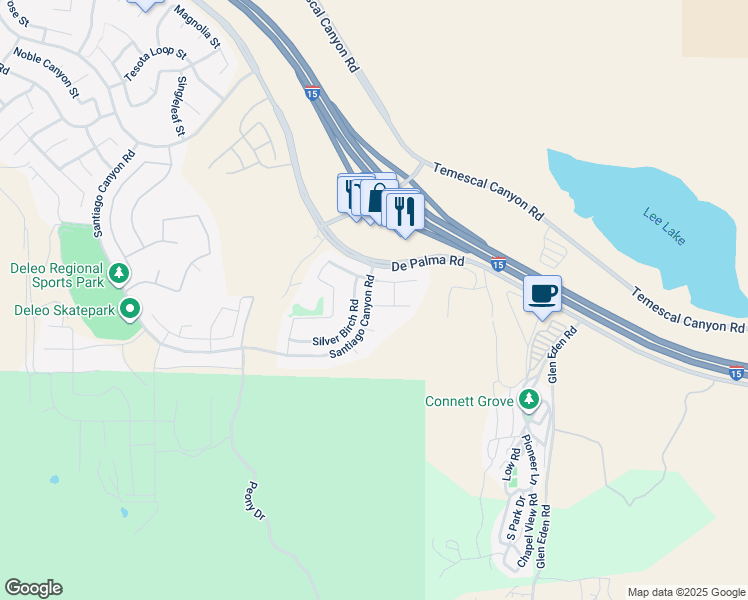 map of restaurants, bars, coffee shops, grocery stores, and more near 11854 Flicker Cove in Corona