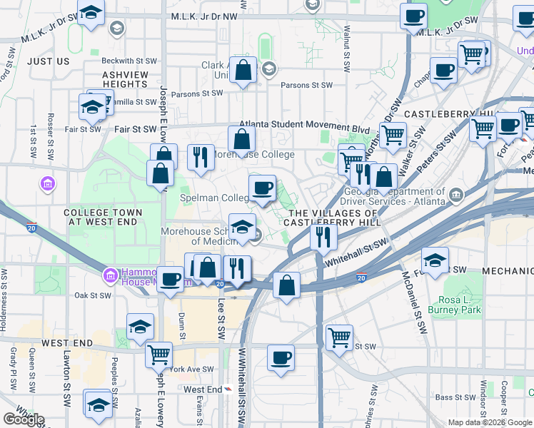 map of restaurants, bars, coffee shops, grocery stores, and more near 350 Spelman Lane Southwest in Atlanta