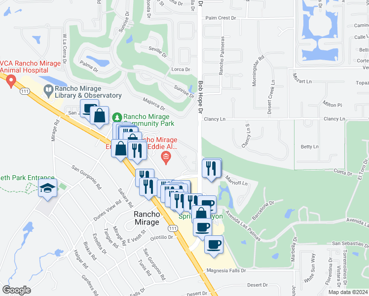map of restaurants, bars, coffee shops, grocery stores, and more near 71847 Eleanora Lane in Rancho Mirage