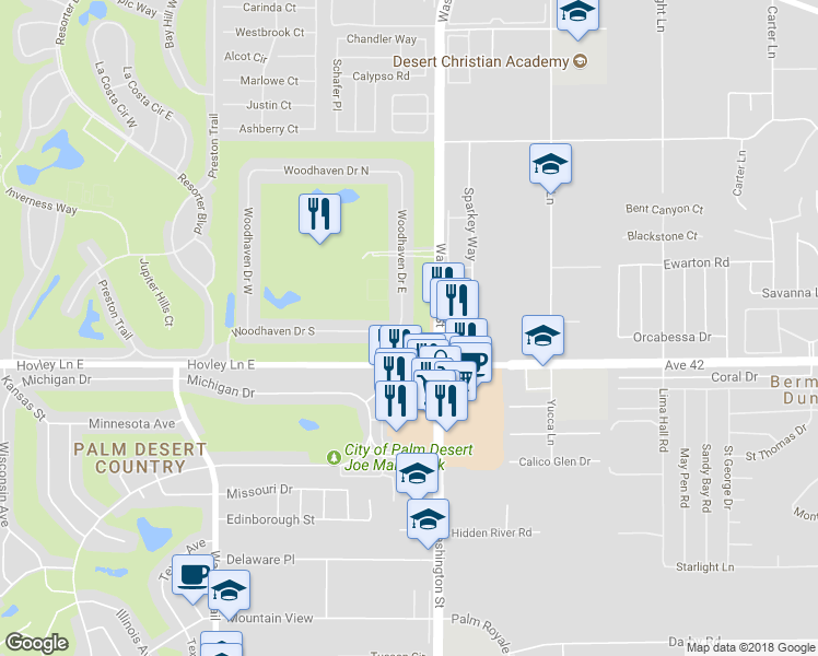 map of restaurants, bars, coffee shops, grocery stores, and more near 41830 Woodhaven Drive East in Palm Desert