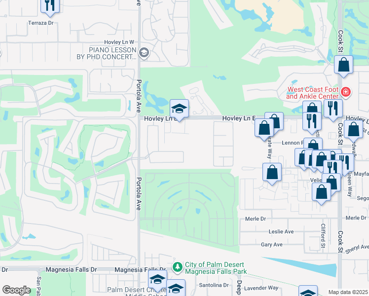 map of restaurants, bars, coffee shops, grocery stores, and more near 74226 Via Venezia in Palm Desert