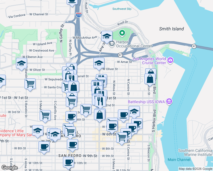 map of restaurants, bars, coffee shops, grocery stores, and more near 470 West Sepulveda Street in Los Angeles