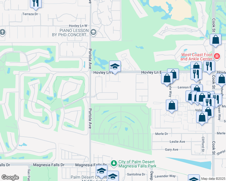 map of restaurants, bars, coffee shops, grocery stores, and more near 74172 Via Venezia in Palm Desert