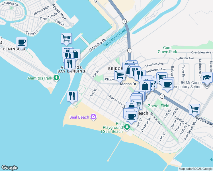 map of restaurants, bars, coffee shops, grocery stores, and more near 350 Marina Drive in Seal Beach