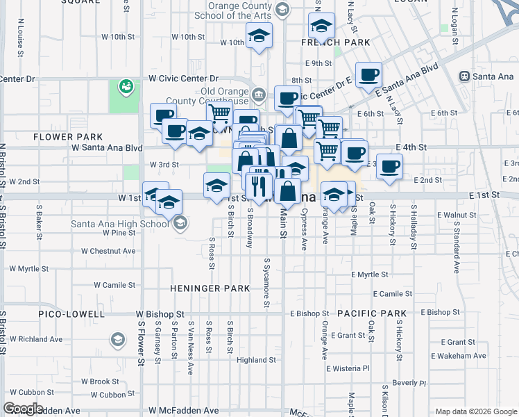 map of restaurants, bars, coffee shops, grocery stores, and more near 210 West 1st Street in Santa Ana