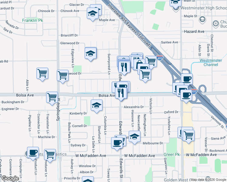 map of restaurants, bars, coffee shops, grocery stores, and more near 14951 Trojan Circle in Huntington Beach