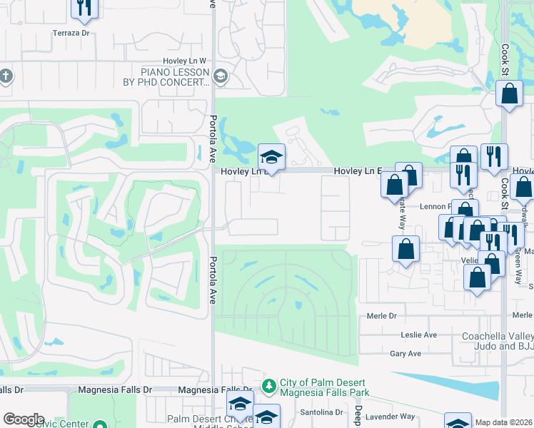 map of restaurants, bars, coffee shops, grocery stores, and more near 74172 Via Venezia in Palm Desert