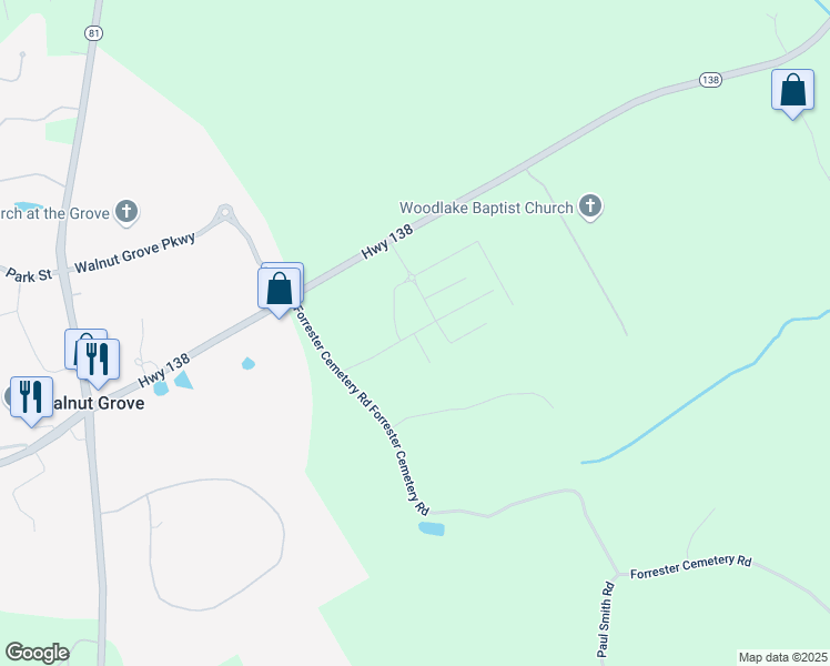 map of restaurants, bars, coffee shops, grocery stores, and more near Sandy Creek Drive in Walnut Grove