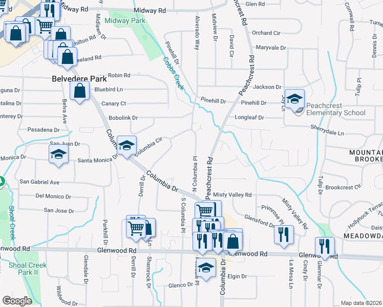 map of restaurants, bars, coffee shops, grocery stores, and more near 1597 North Columbia Place in Decatur