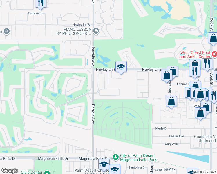 map of restaurants, bars, coffee shops, grocery stores, and more near 74102 Via Venezia in Palm Desert