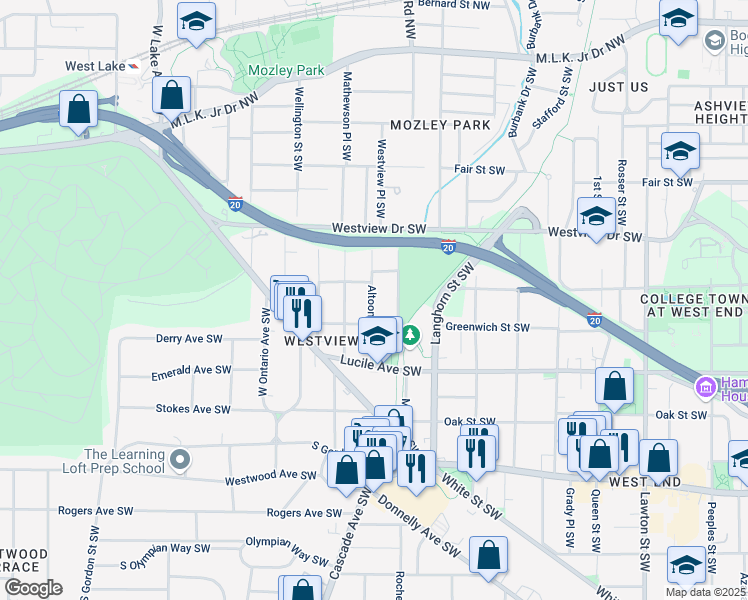 map of restaurants, bars, coffee shops, grocery stores, and more near 376 Altoona Place Southwest in Atlanta