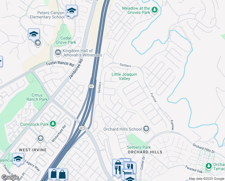map of restaurants, bars, coffee shops, grocery stores, and more near 22 Hawkeye in Irvine