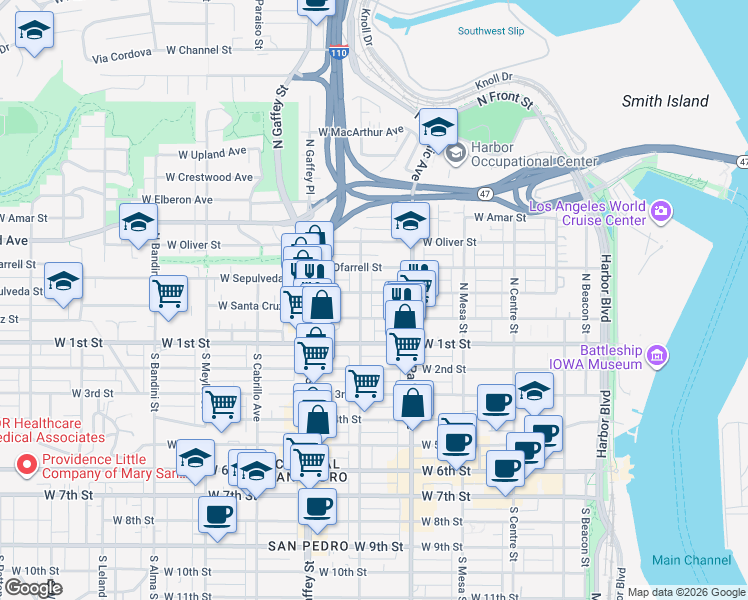 map of restaurants, bars, coffee shops, grocery stores, and more near 575 1/2 West Sepulveda Street in Los Angeles